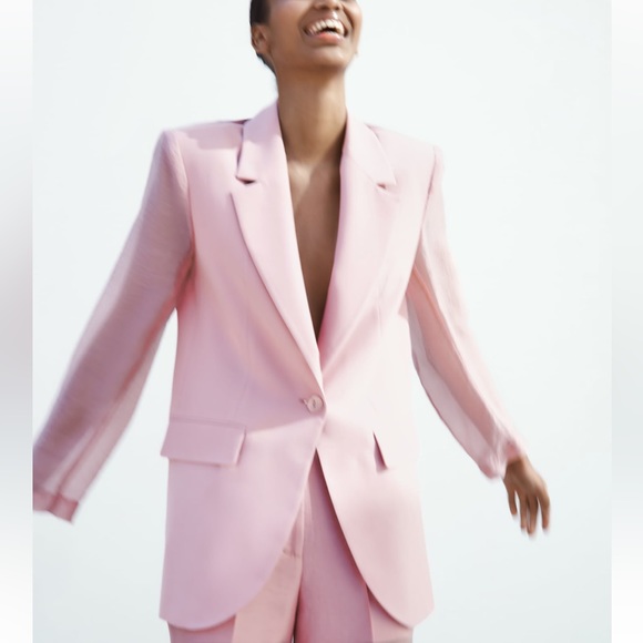 Zara mixed organza jacket / blazer pale pink NWT - Picture 2 of 8